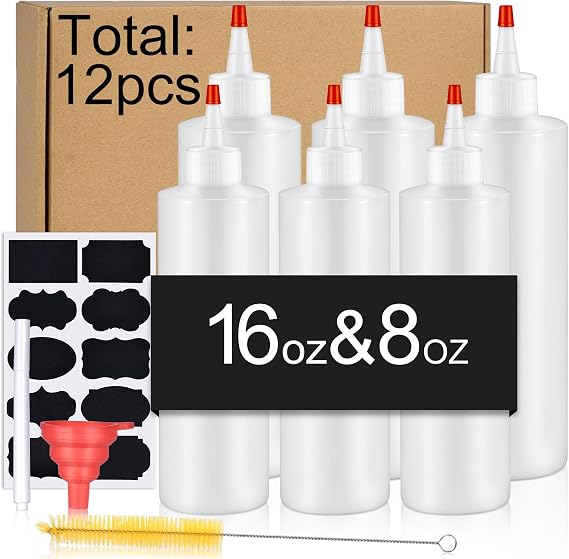 12PCS Squeeze Bottles, 16 & 8 OZ Plastic Sauce Squeeze Bottle Set with Labels & Silicone Funnels for Liquids and Paint, Reusable, Translucent