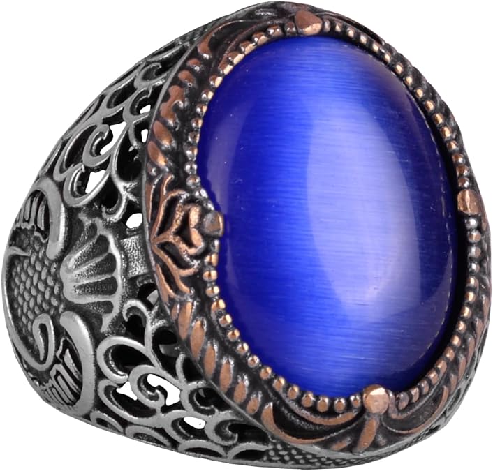 KAMBO Handmade 925 Sterling Silver Men's Ring with Blue Cat's Eye Stone, Modern Middle Eastern Falcon Design, Vintage Statement Jewelry, Gift for Him, Christmas Occasion