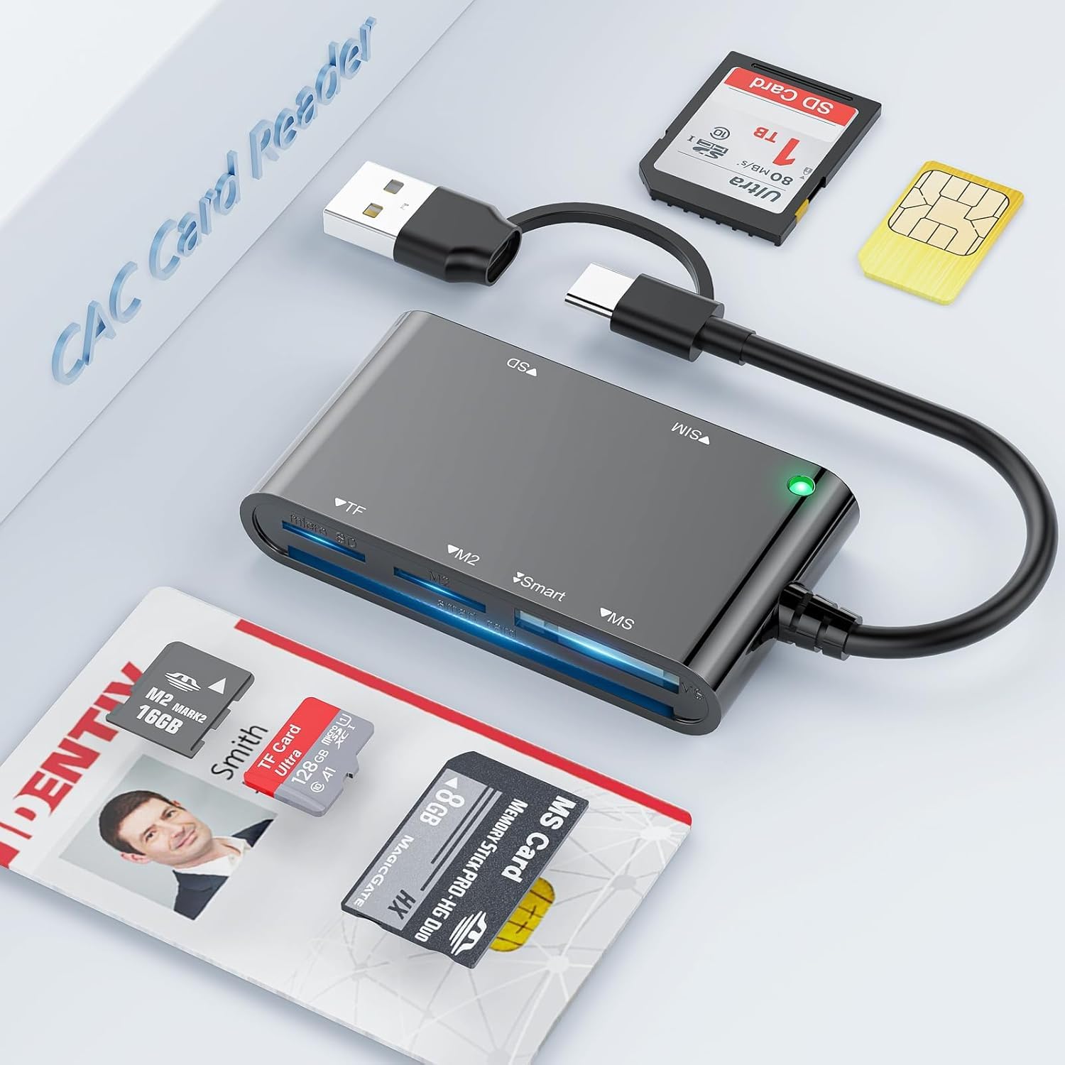 7in2 USB-A + USB-C CAC ID Reader Military Smart Card Reader,DOD Military USB Common Access CAC Reader SIM/SD/TF/M2/ID/IC/PIV Reader Compatible with Windows,Linux,MacOS X,Support Belgium Spain Germany