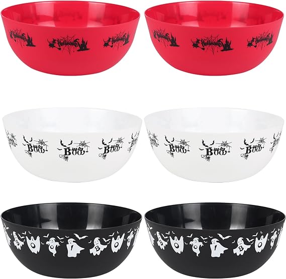 6 Pieces halloween bowls for candy large - Plastic Trick or Treat Bowls, Reusable Serving plastic bowl for Halloween Party Supplies (Black White Red)