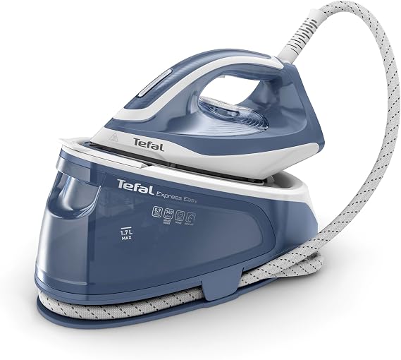 Tefal Express Essential Steam Generator Iron, 5.9 Bar, White and Blue | 340 g/min Steam Boost, 120 g/min Continuous Steam, 1.7L Tank, Xpress Glide Soleplate, Compact, SV6132G0