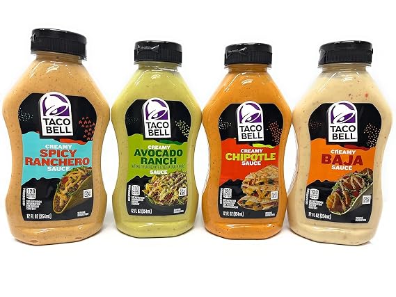 Taco Bill Creamy Taco Sauce: (1) Avocado Ranch, (1) Chipotle, (1) Baja, (1) Spicy Ranchero