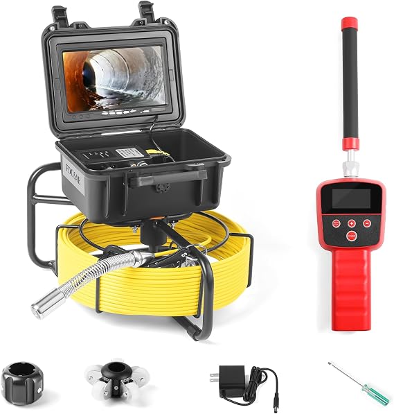 Sewer Camera 512Hz Locator Pipeline Detector 12 LEDs (9618FTR-20) | 7" Pipeline Inspection kit with DVR Function IP68A 32GB Card for Sewer Line Home Duct Drain Pipe Plumbing 20M Snake Cable