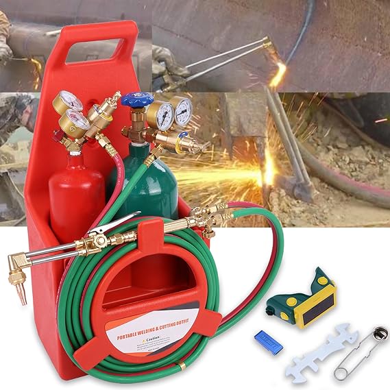 Oxy Acetylene Torch Kit, Portable Welding Cutting Torch with Oxygen and Acetylene Tanks, Tote (Red)