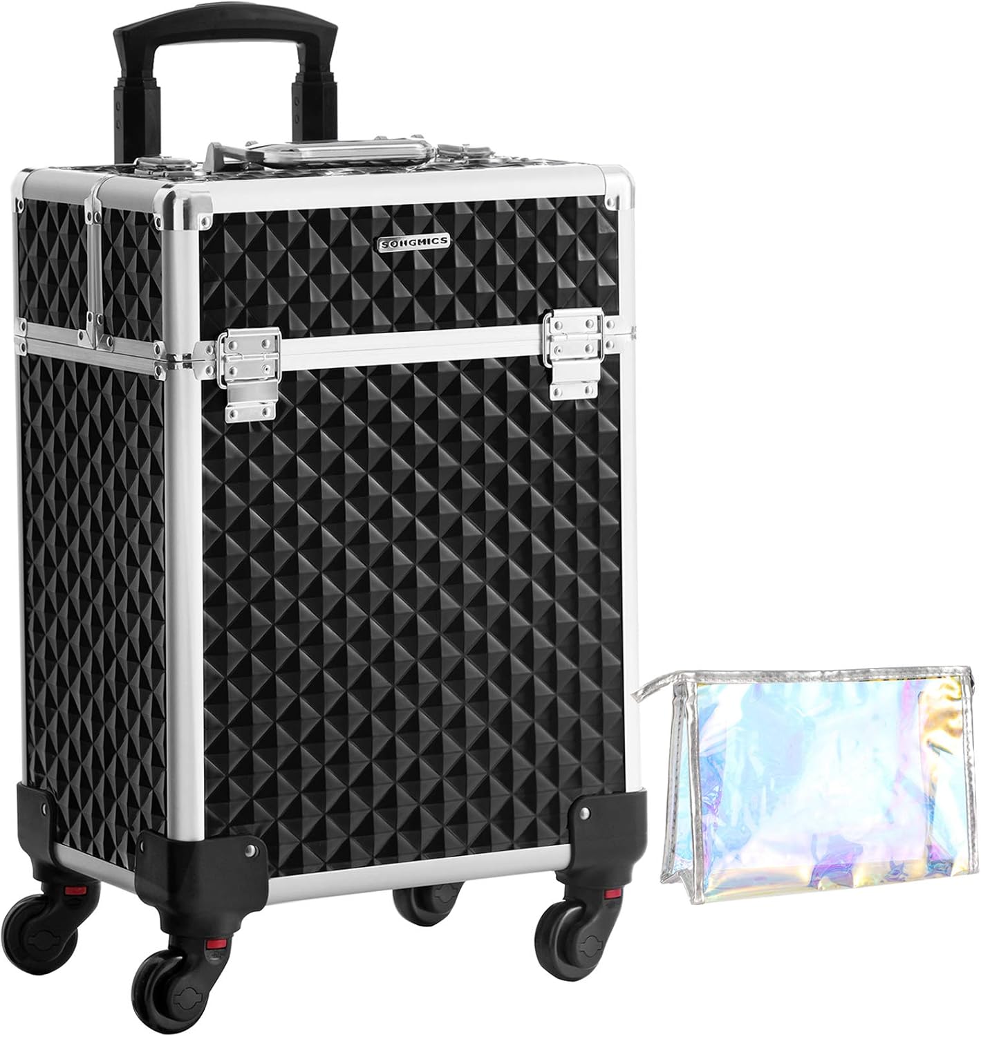 SONGMICS Professional Make-Up Case, Cosmetic Case, Mobile, 4 Wheels, 4 Trays, Telescopic Handle, Travel, Travel