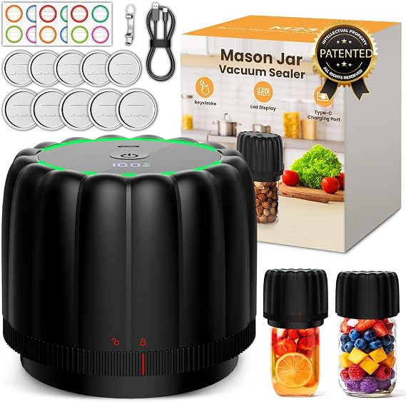 Electric Mason Jar Vacuum Sealer Kits with Wide & Regular Mouth Mason Lids | 2026 Upgraded -80kpa Automatic Vacuum Pump 2500mAh Battery One Touch Canning Sealing Machine for Food Storage Black