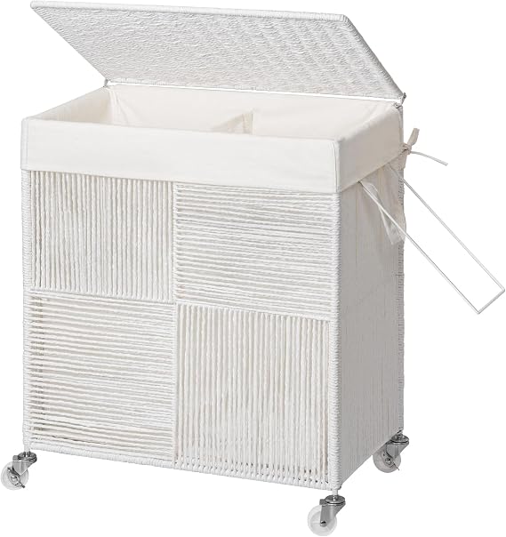 WOWLIVE Double Laundry Hamper with Wheels, Handwoven Rolling Laundry Basket