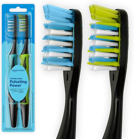 Amazon Basics Soft Toothbrushes for Adults - Pulsating Deep Cleaning with Soft Bristles, 2 Count, Assorted Colors, Packaging May Vary