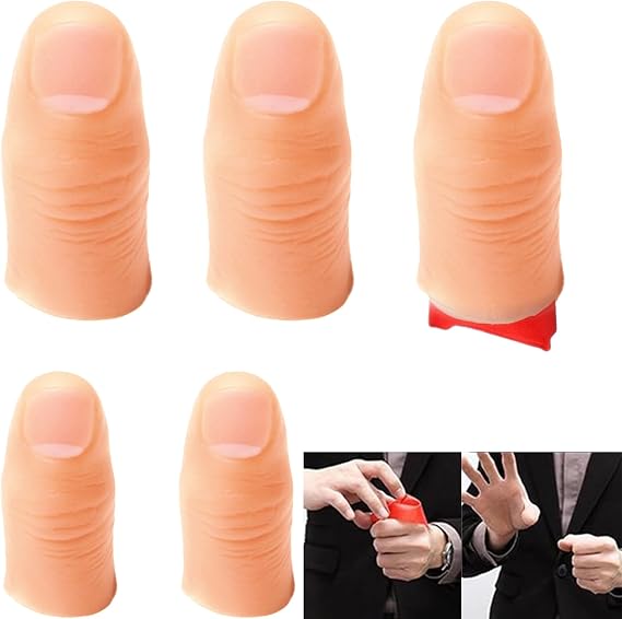 6-Piece Magic Trick Set: 2 Small & 3 Large Soft Thumb Tips with Nails + 15x15cm Silk Scarf, Perfect for Vanishing, Appearing & Exchange Magic, Ideal for Parties, Stag Do & Street Performances