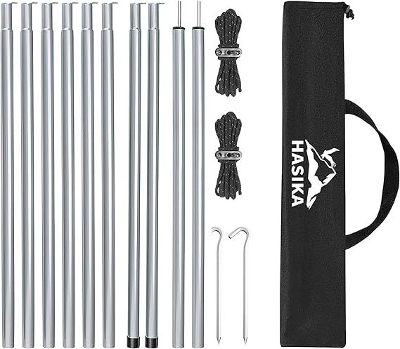 HASIKA 6.2ft Adjustable Tarp and Tent Poles, 2-Pack | Adjustable 30" to 74.8" 5-Section Poles. Complete Kit with Ropes and Stakes, Perfect for Camping Awnings and Rainflies