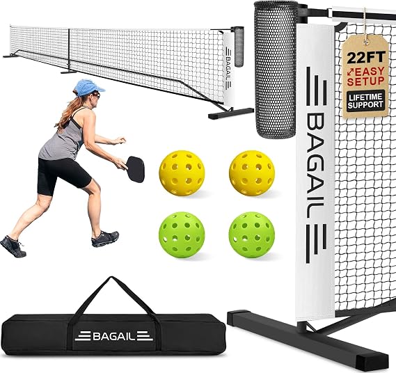 BAGAIL Portable Pickleball Net Set 22ft Regulation Size Pickleball Net with Ball Collector and Carry Bag for Easy Installation on Outdoor and Indoor Driveway - Red