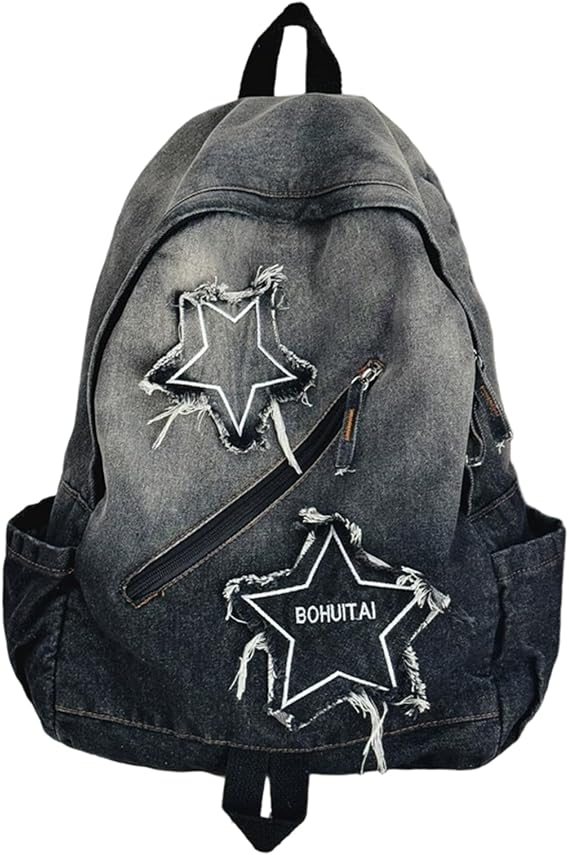 Y2K Backpack Lightweight Travel Denim Backpack with Multi-Pocket Retro Jean Large Star Bag for Students and Adults Y2k