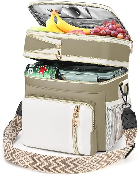 LOKASS Lunch Box for Women/Men-16L-Insulated Lunch Bag, Expandable Double-layer Leakproof Cooler Bag with Upgrade Adjustable Shoulder Strap Ideal for Work/Travel/Picnics(Beige&White)
