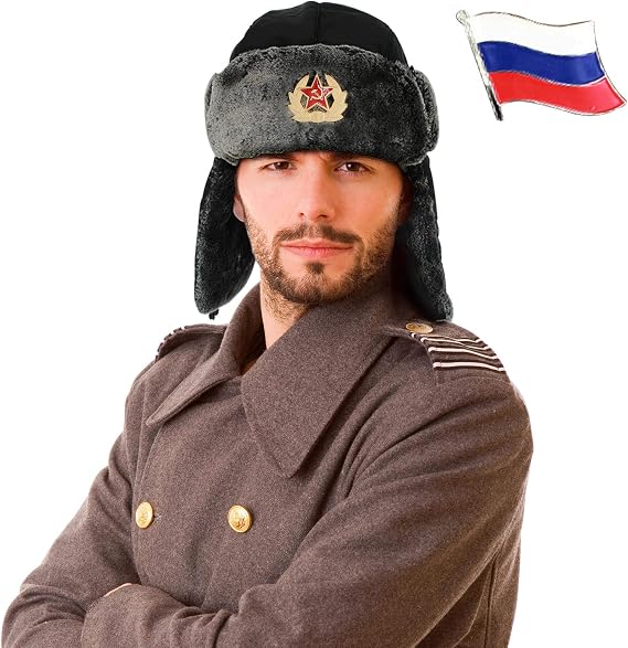 Russian Hat Ushanka + 2 pins. One Size, Unisex Soviet Hat with Ear Flaps & Chin Strap for Cold Weather. Windproof and Waterproof Ushanka Hat - Ideal Winter Trapper Hat for Men & Women. Black