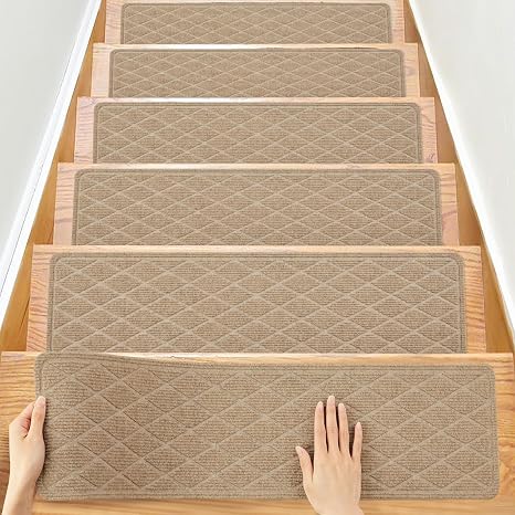 Non-Slip Stair Treads for Wooden Steps 15 Pack 8" x 30" Indoor Carpet Treads with Reusable Peel and Stick Adhesive Safe for Kids, Elders & Pets Polyester with TPR Backing