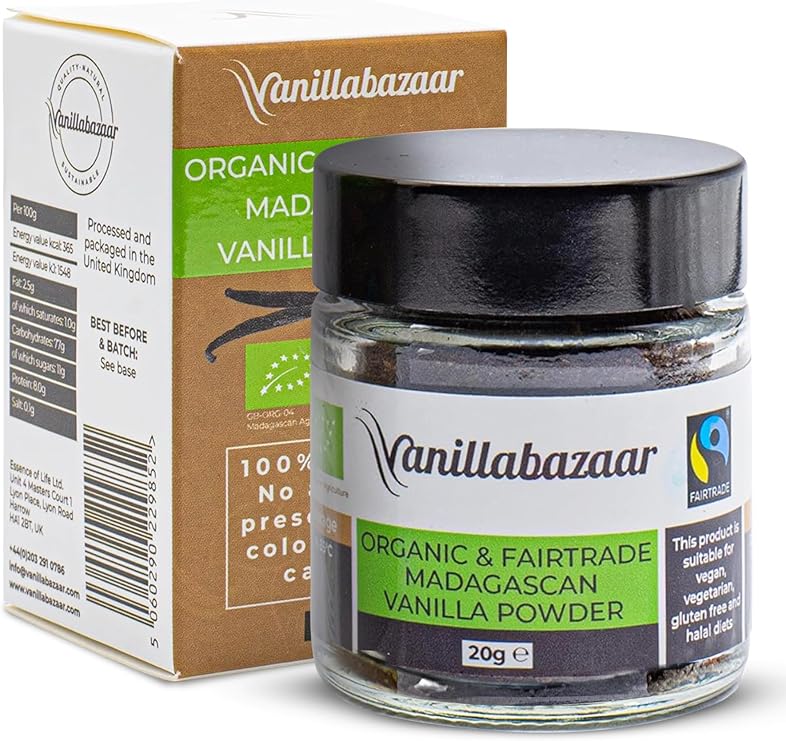 Pure Premium Organic & Fairtrade Madagascan Vanilla Bean Powder (20g) | Premium Powder for Baking & Puddings | Natural Ground Vanilla Beans | Vanillabazaar