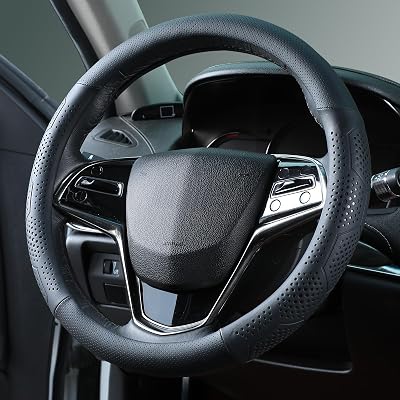 Leather Steering Wheel Cover for Toyota RAV4 Corolla Camry Highlander, 14.5-15 inches Car Steering Wheel Cover with Non-Slip Breathable Black