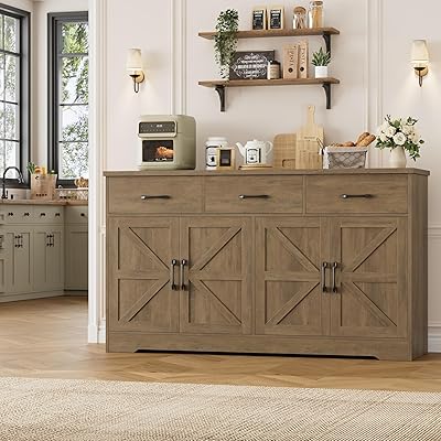 HOSTACK 59 Large Buffet Cabinet with Storage, Farmhouse Sideboard Buffet Cabinet with 3 Drawers, Wood Kitchen Coffee Bar with Doors and Shelves, Long Sideboard Table for Dining Room, Rustic Brown