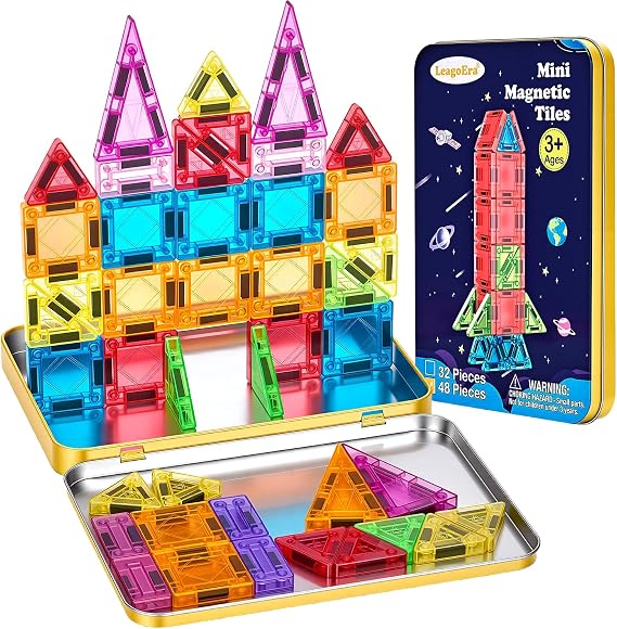 Magnetic Tiles Magnetic Blocks Building Toy: Portable Mini Magnetic Tiles Travel Set 48 Pieces Montessori Toys Birthday Gift for Kids Girls and Boys Ages 3-12 Years Old Preschool Classroom Must Haves