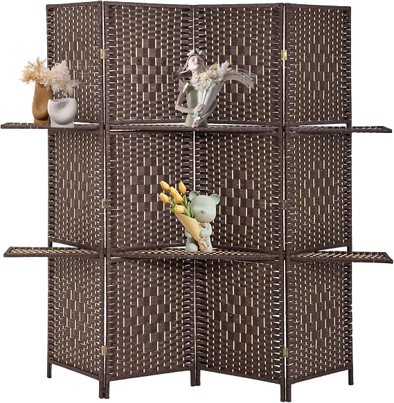 FDW | 4 Panel Folding Room Divider with Shelves | 5.9ft, Brown | Wooden Wall Divider | Hand Woven Mesh, Portable & Foldable | Easy to Move | For Space Separation, Living Room, Bedroom