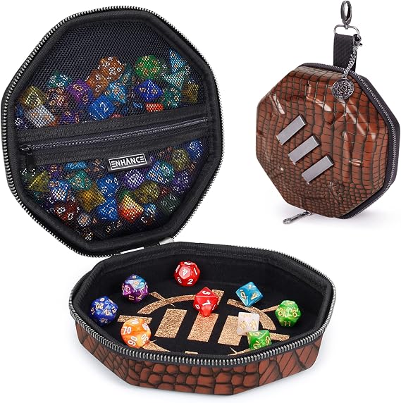 ENHANCE DND Dice Tray and Case - Collector's Edition DND Dice Holder up to 150 D&D Shakers with Hard Shell Exterior and Protective Soft Interior - Rolling Tray Perfect for Game Night (Dragon Brown)