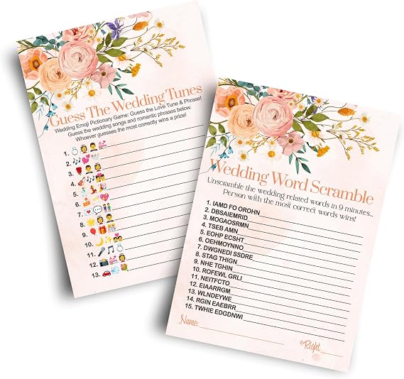 Boho Bridal Shower Games (25 Each) Wedding Song Pictionary and Word Scramble Fun Guess Activity for Guests Engagement Party, Rehearsal Dinner, Rustic Floral Design Double-Sided Cards, Bundle