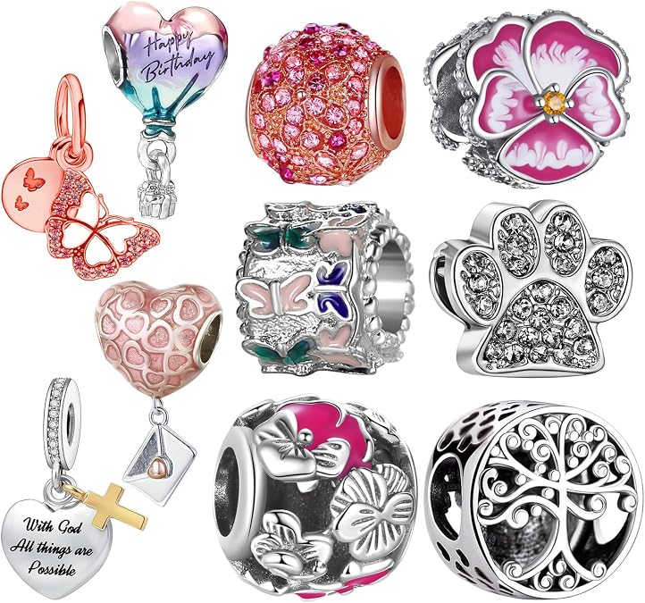 10 Pack Silver Bead Charms for Bracelets and Necklaces Chain Jewellery Charm for Woman