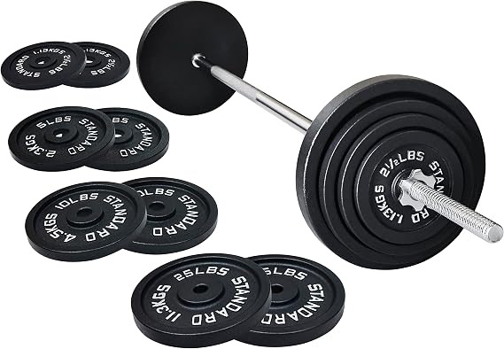 Fitvids Cast Iron Standard Weight Plates Including 5FT Standard Barbell with Star Locks, 95-Pound Set (85 Pounds Plates + 10 Pounds Barbell), Multiple Styles