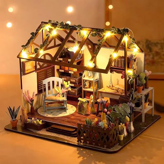Cuteefun DIY Miniature Dollhouse Kit with LED Light -Leisure Cottage | Creative Handicraft for Adults Teen, 3D Wooden Puzzle, House Decor for Desk and Bookshelf, Unique Christmas Birthday Gift