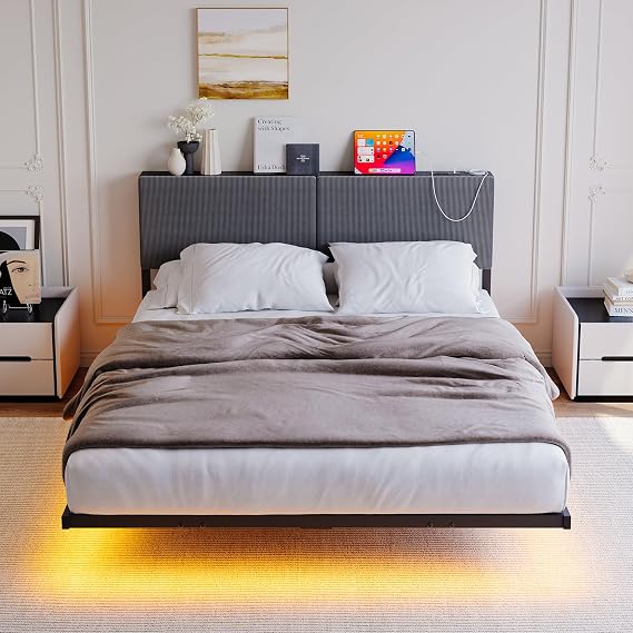 HOMERECOMMEND 4ft6 Double Bed Frame with USB and LED Lights,Dark Grey