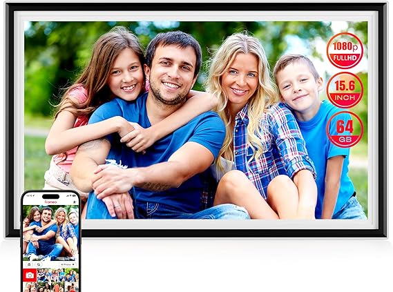 KPKUE WiFi Smart Digital Photo Frame - 15.6 inch Full HD Touch Screen, 64GB Electronic Photo Frame, Wall Mount for Home Decoration, Supports USB Card and