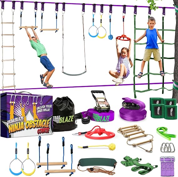 Ninja Warrior Obstacle Course for Kids Workout Equipment - 2 x 55ft Slacklines with 10 Weatherproof & Durable Obstacles - Cargo Net, Monkey Bars, Rope Ladder & More - Ninja Course for Kids Outside | 450lb Capacity Ultimate Outdoor Fun and Durable Ninja Course for Kids Outside with Ninja Wheel, Seat Swing and much more