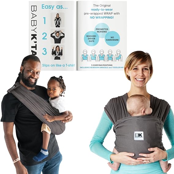 Breeze Baby K'tan Baby Carrier Breathable 100% Cotton Mesh | Hands Free Wrap for Infants | No Rings Or Buckles | Charcoal | Small