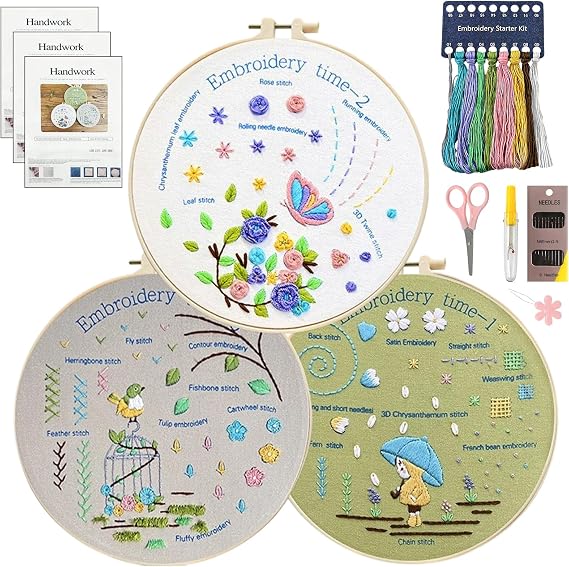 Zeeorymn﻿ Embroidery Kit for Beginners,3-Pack Embroidery Starter Kit Including 31 Stitches Learning Step-by-Step Guide, Including Pre-Patterns, Threads, Needles and Hoop, Craft Kits for Adults