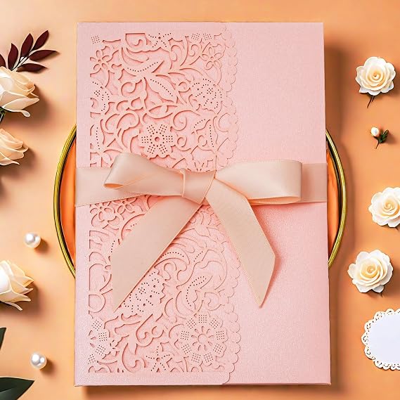 20 pcs Laser Cut Invitations Cards Pockets with Ribbons Floral Design for Wedding Party Bridal Shower Birthday Quinceanera Invite 5.12 by 7.24 inches (Pink)