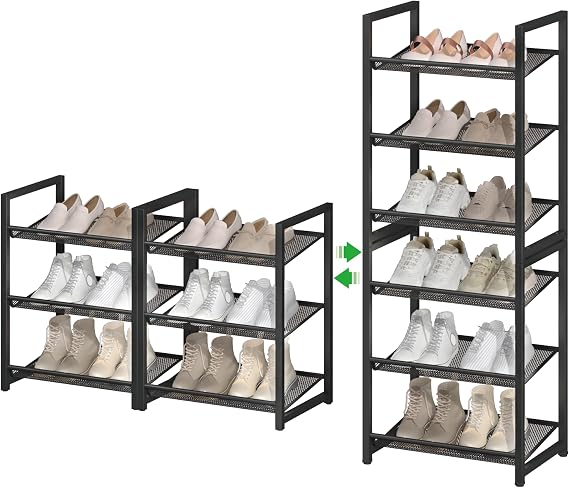 6 Tier Shoe Rack, Tall Metal Shoe Storage with Adjustable Shelves, Holds 12-14 Pairs, Stackable Shoe Stand for Garage Hallway Bedroom, Black