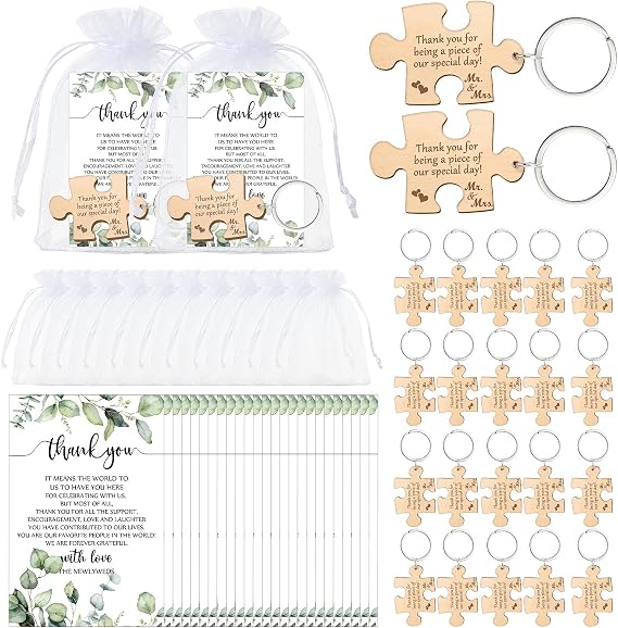 Sintuff 25 Sets Rustic Wood Puzzle Keychains Wedding Favors for Guests | Thank You Cards and Organza Bags Included, Bulk Favor Sets,Party Souvenirs for Guests, Bridal Shower Souvenirs