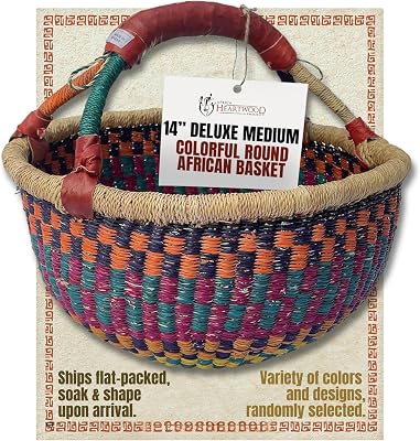 Africa Heartwood Project - Deluxe Colorful African Basket with Leather Handle - Handmade from dried Elephant Grass, Hand-Woven by Women in Bolgatanga, Ghana - Medium 14 Round Flat-packed