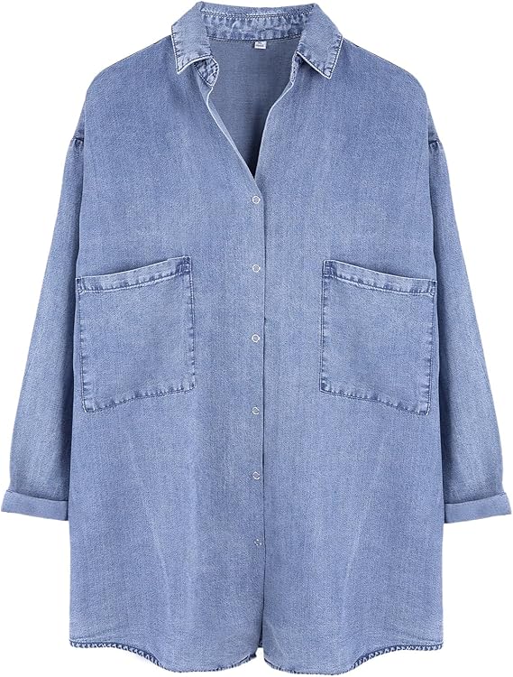 Yimoon Women Tencel Shirt Chambray Blue Button Down Shirts 3/4 Sleeve Tops