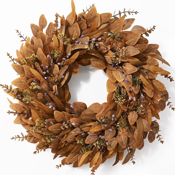 26" Fall Wreath, Artificial Eucalyptus Wreath for Front Door | Fall Autumn Door Wreath for Porch Window Farmhouse Home Thanksgiving Halloween Decor, Full & Realistic, Orange Brown
