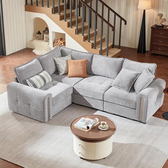 Vesgantti 4 Seater L-Shaped Modular Corner Sofa with Storage, Light Grey