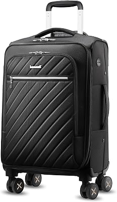 LUGGEX Carry On Luggage with Spinner Wheels - Stylish Lightweight Carry On Suitcase - Soft Sided 22x14x9 airline approved with Front Open Design for Travel, Business Black, 20 Inch
