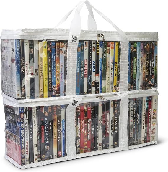 DVD Storage Bag - Clear PVC Organizer,Triple-Stitched Handles, Dividers - Stackable, Space-Saving, Fits 40 DVD Cases - Container for Movie Discs, Video Games, VHS Tapes (White, 2 Bags)