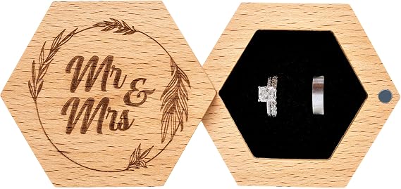 Strova Mr. and Mrs. Wedding Ring Box Unique Rustic Wooden Hexagon Designed for Proposal, Ceremony, Bearer, Display or Jewelry Organizer Storage Decorative, Vintage Wood Ring Box for Couples