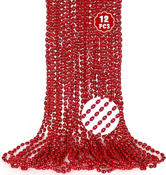 Red Necklace, 12PCS Oval Red Accessories Party Favors Bead Necklaces, 32" Mardi Gras Beads Necklaces for Festival Parade Throw Accessories Wedding Birthday Valentines Mardi Gras Xmas Decorations