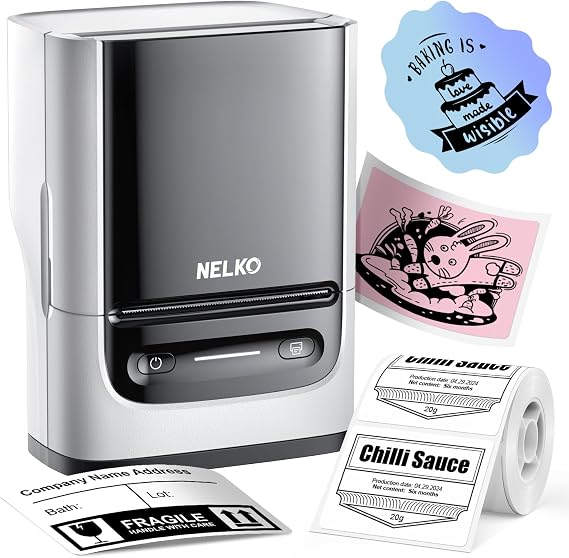 Nelko Label Maker Machine with Tape, PM220 Bluetooth Label Printer, 2 Inch Portable Thermal Printer for Small Business, Address, Logo, Clothing, Smart AI APP for iOS, Android & PC, White | High Quality & Inkless Thermal Printing, Waterproof Label, With Smart AI APP for School,Teacher Supplies,Small Business,Home