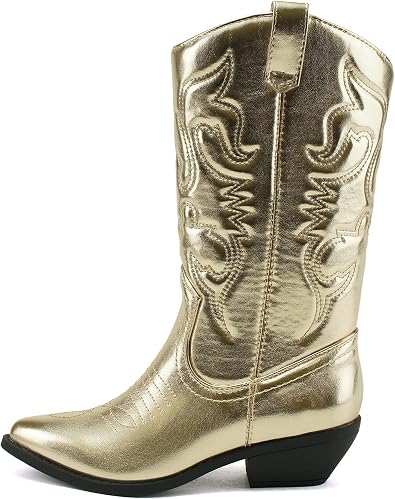 Soda Women Cowgirl Cowboy Western Stitched Boots Pointy Toe Knee High Reno-S (8.5, GOLD METALLIC PU, numeric_8_point_5)