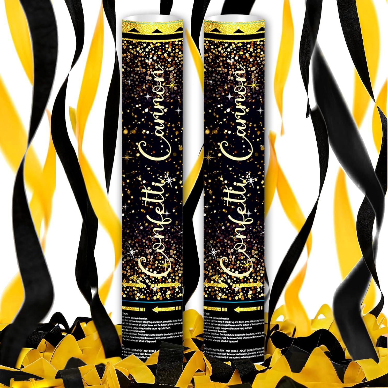 Black & Gold Confetti Cannon Set - Biodegradable Confetti Poppers for Birthday Wedding Retirement New Years Graduation Party Celebrations, 2 Pack