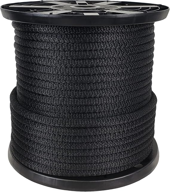 1/2" Black Polyester Rope, Solid Braid Dacron Utility Rope, 250 ft Spool, Low Stretch UV Resistant Industrial Cord