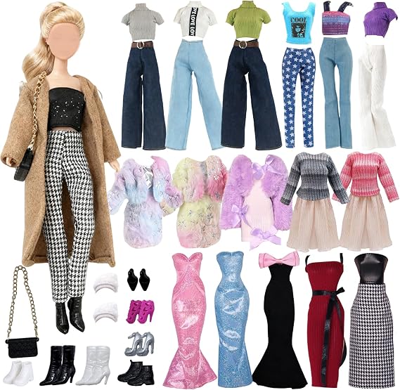 21Pcs Winter Doll Clothes Accessories Set, Houndstooth Pants & Brown Coat, Plush Winter Dress, Knit Sweater Dress, Bow Mermaid Dress, Shoes & Bag Accessories, 11.5 inch Doll Dress Up Gift for Girls